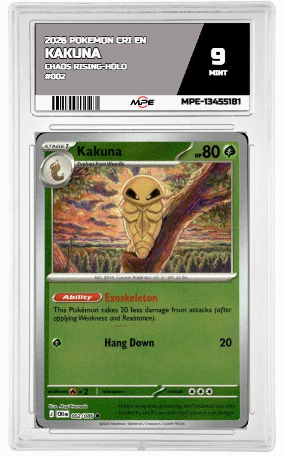 2026 POKEMON CRI EN Chaos Rising-HOLO #002 KAKUNA MPE 9 MINT — graded card auctioned from the MPE vault