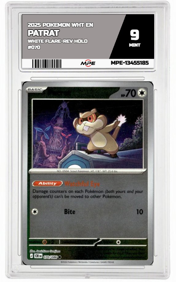 2025 POKEMON WHT EN White Flare-REV HOLO #070 PATRAT MPE 9 MINT — graded card auctioned from the MPE vault