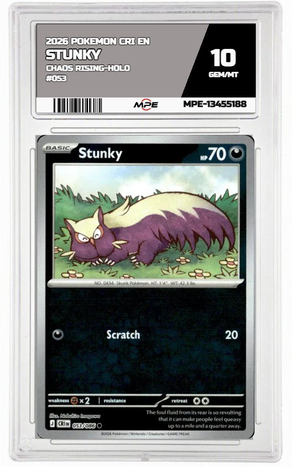 2026 POKEMON CRI EN Chaos Rising-HOLO #053 STUNKY MPE 10 GEM/MT — graded card auctioned from the MPE vault