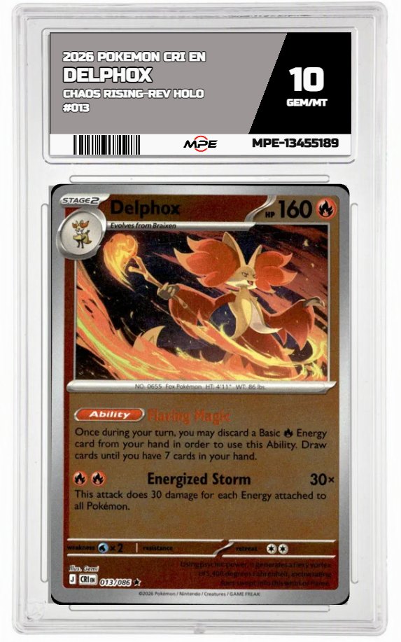 2026 POKEMON CRI EN Chaos Rising-REV HOLO #013 DELPHOX MPE 10 GEM/MT — graded card auctioned from the MPE vault