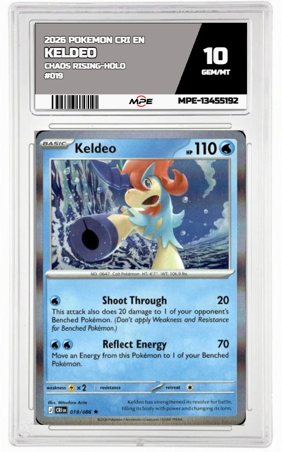 2026 POKEMON CRI EN Chaos Rising-HOLO #019 KELDEO MPE 10 GEM/MT — graded card auctioned from the MPE vault