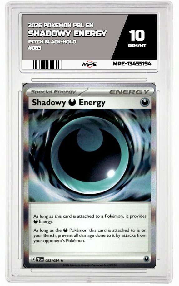 2026 POKEMON PBL EN Pitch Black-HOLO #083 SHADOWY ENERGY MPE 10 GEM/MT — graded card auctioned from the MPE vault