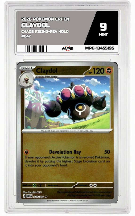 2026 POKEMON CRI EN Chaos Rising-REV HOLO #047 CLAYDOL MPE 9 MINT — graded card auctioned from the MPE vault
