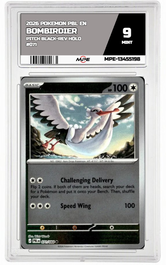 2026 POKEMON PBL EN Pitch Black-REV HOLO #071 BOMBIRDIER MPE 9 MINT — graded card auctioned from the MPE vault