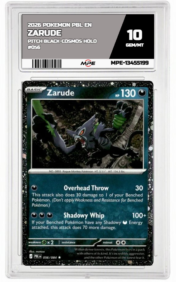 2026 POKEMON PBL EN Pitch Black-COSMOS HOLO #056 ZARUDE MPE 10 GEM/MT — graded card auctioned from the MPE vault
