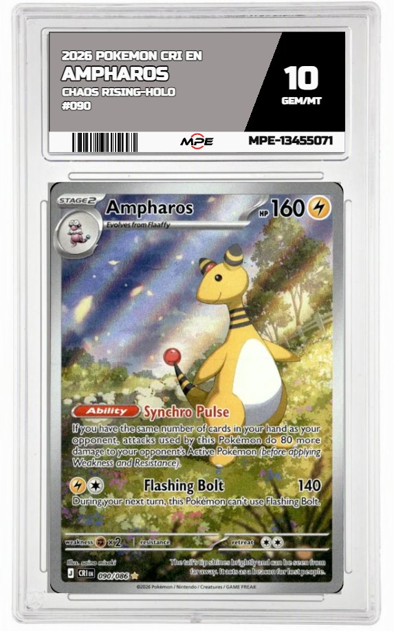 2026 POKEMON CRI EN Chaos Rising-HOLO #090 AMPHAROS MPE 10 GEM/MT — graded card auctioned from the MPE vault