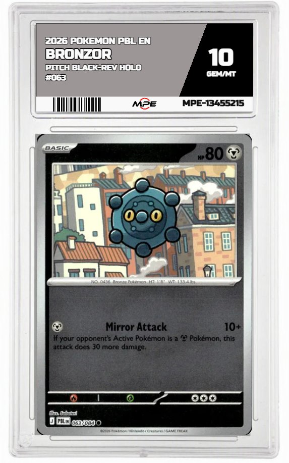2026 POKEMON PBL EN Pitch Black-REV HOLO #063 BRONZOR MPE 10 GEM/MT — graded card auctioned from the MPE vault