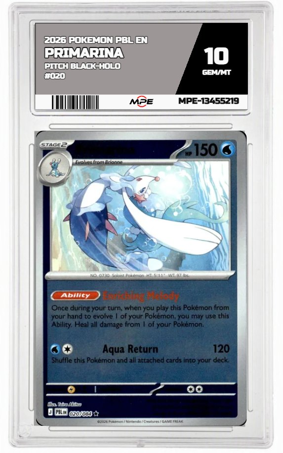 2026 POKEMON PBL EN Pitch Black-HOLO #020 PRIMARINA MPE 10 GEM/MT — graded card auctioned from the MPE vault
