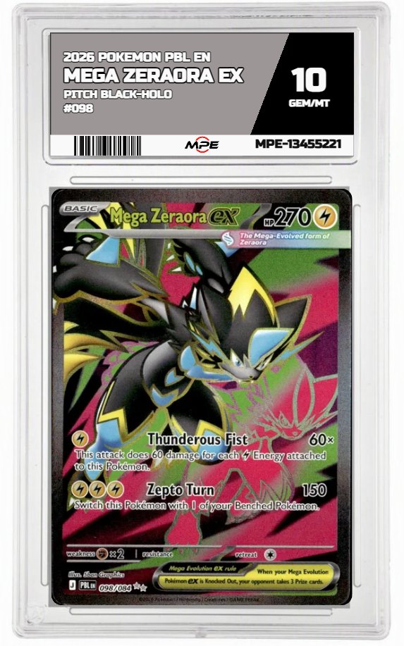 2026 POKEMON PBL EN Pitch Black-HOLO #098 MEGA ZERAORA EX MPE 10 GEM/MT — graded card auctioned from the MPE vault