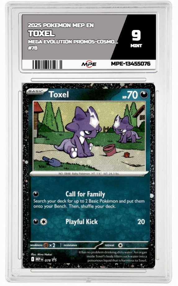 2025 POKEMON MEP EN Mega Evolution Promos-COSMOS HOLOFOIL #78 TOXEL MPE 9 MINT — graded card auctioned from the MPE vault