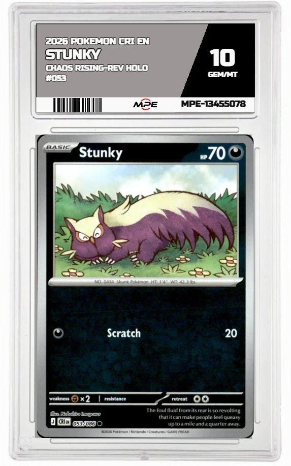 2026 POKEMON CRI EN Chaos Rising-REV HOLO #053 STUNKY MPE 10 GEM/MT — graded card auctioned from the MPE vault