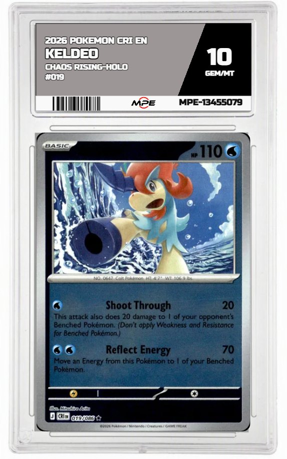 2026 POKEMON CRI EN Chaos Rising-HOLO #019 KELDEO MPE 10 GEM/MT — graded card auctioned from the MPE vault