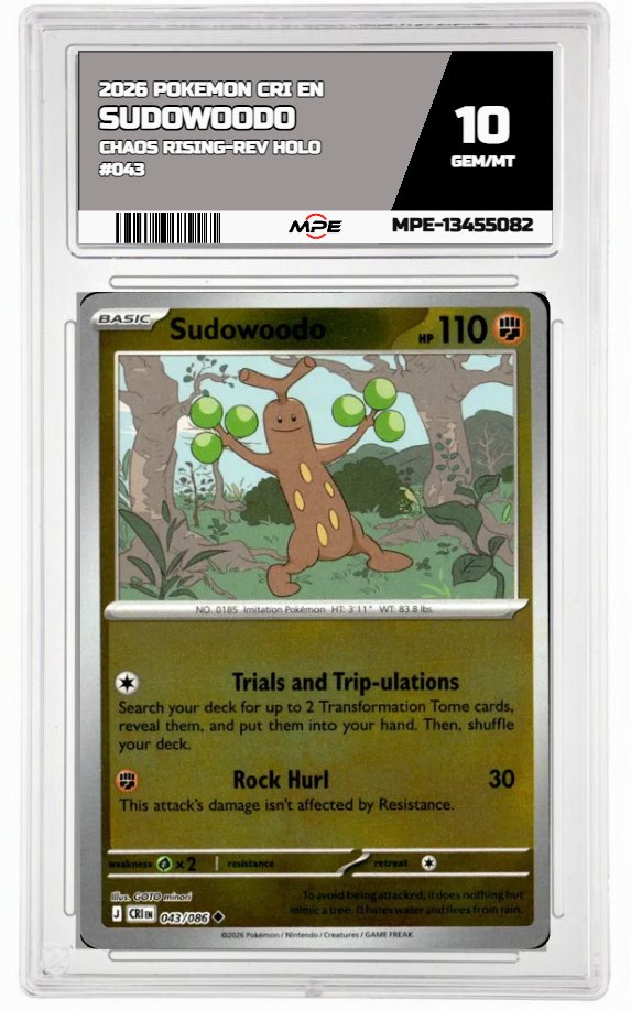 2026 POKEMON CRI EN Chaos Rising-REV HOLO #043 SUDOWOODO MPE 10 GEM/MT — graded card auctioned from the MPE vault