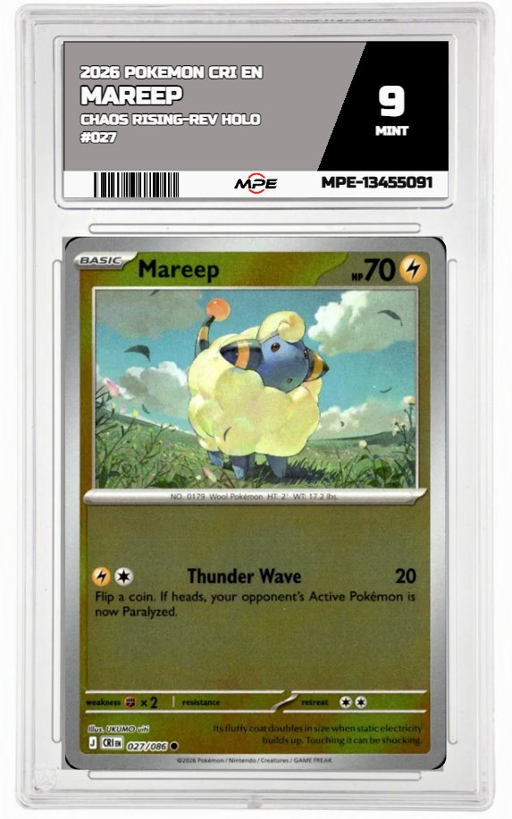 2026 POKEMON CRI EN Chaos Rising-REV HOLO #027 MAREEP MPE 9 MINT — graded card auctioned from the MPE vault