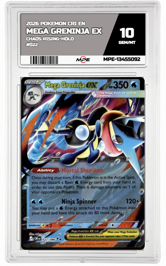 2026 POKEMON CRI EN Chaos Rising-HOLO #022 MEGA GRENINJA EX MPE 10 GEM/MT — graded card auctioned from the MPE vault