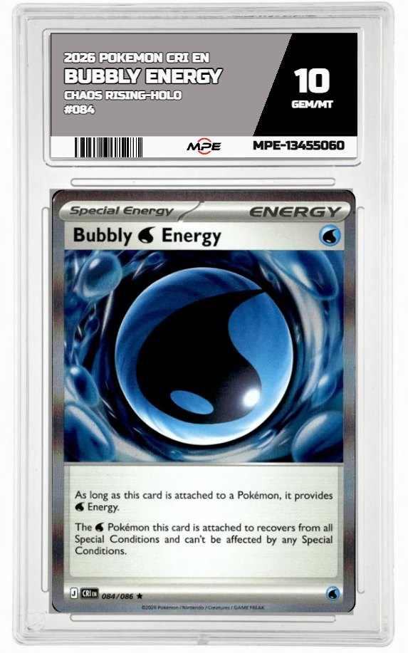 2026 POKEMON CRI EN Chaos Rising-HOLO #084 BUBBLY ENERGY MPE 10 GEM/MT — graded card auctioned from the MPE vault