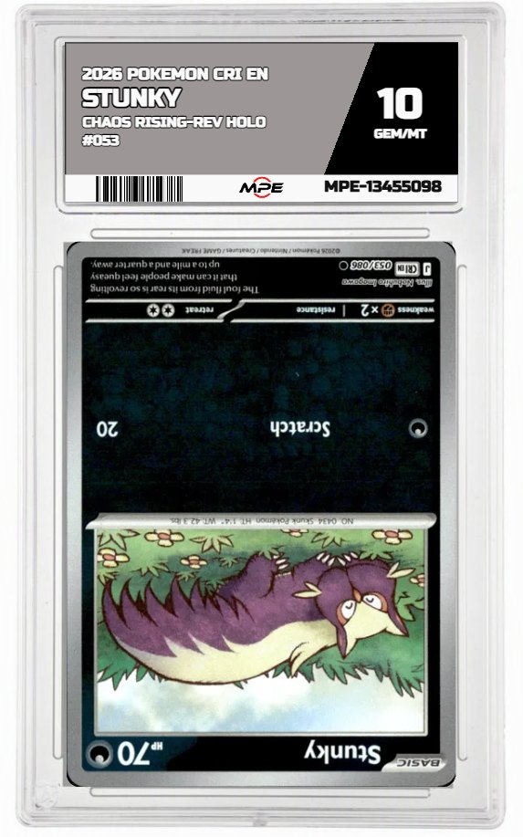 2026 POKEMON CRI EN Chaos Rising-REV HOLO #053 STUNKY MPE 10 GEM/MT — graded card auctioned from the MPE vault
