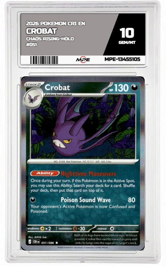 2026 POKEMON CRI EN Chaos Rising-HOLO #051 CROBAT MPE 10 GEM/MT — graded card auctioned from the MPE vault