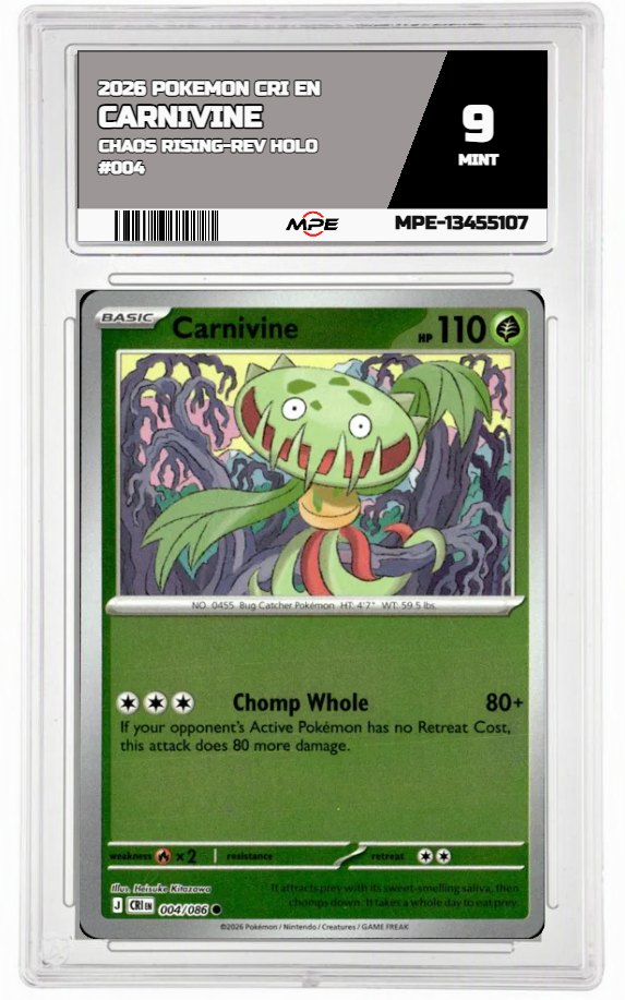 2026 POKEMON CRI EN Chaos Rising-REV HOLO #004 CARNIVINE MPE 9 MINT — graded card auctioned from the MPE vault