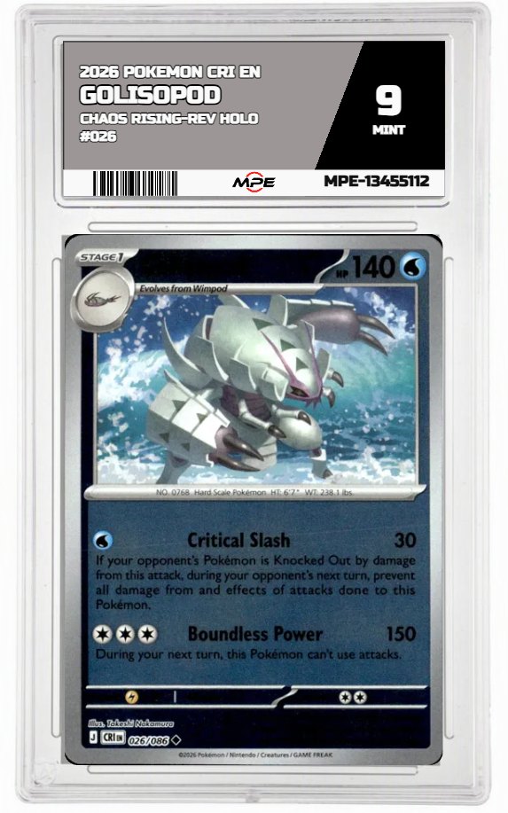 2026 POKEMON CRI EN Chaos Rising-REV HOLO #026 GOLISOPOD MPE 9 MINT — graded card auctioned from the MPE vault
