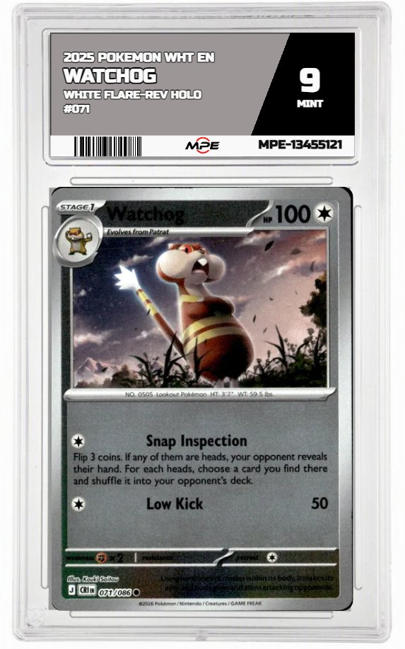2025 POKEMON WHT EN White Flare-REV HOLO #071 WATCHOG MPE 9 MINT — graded card auctioned from the MPE vault