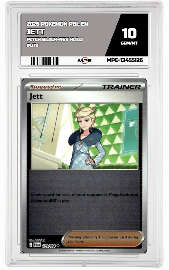 2026 POKEMON PBL EN Pitch Black-REV HOLO #079 JETT MPE 10 GEM/MT — graded card auctioned from the MPE vault