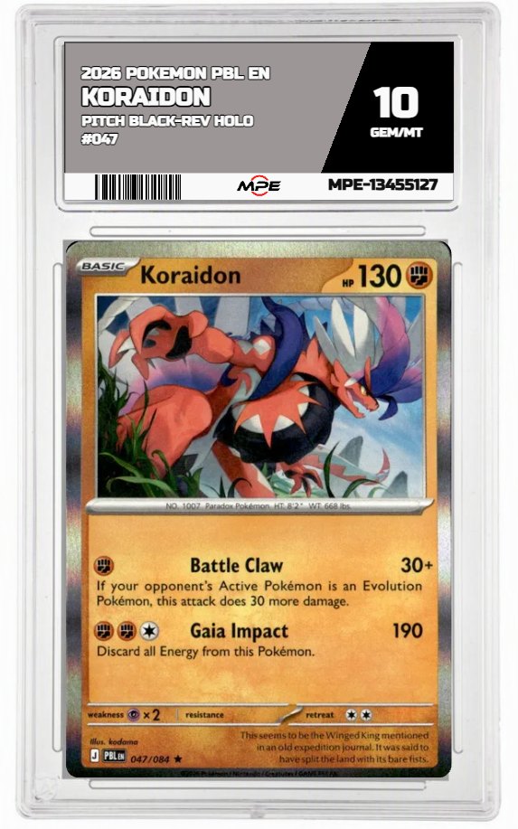 2026 POKEMON PBL EN Pitch Black-REV HOLO #047 KORAIDON MPE 10 GEM/MT — graded card auctioned from the MPE vault