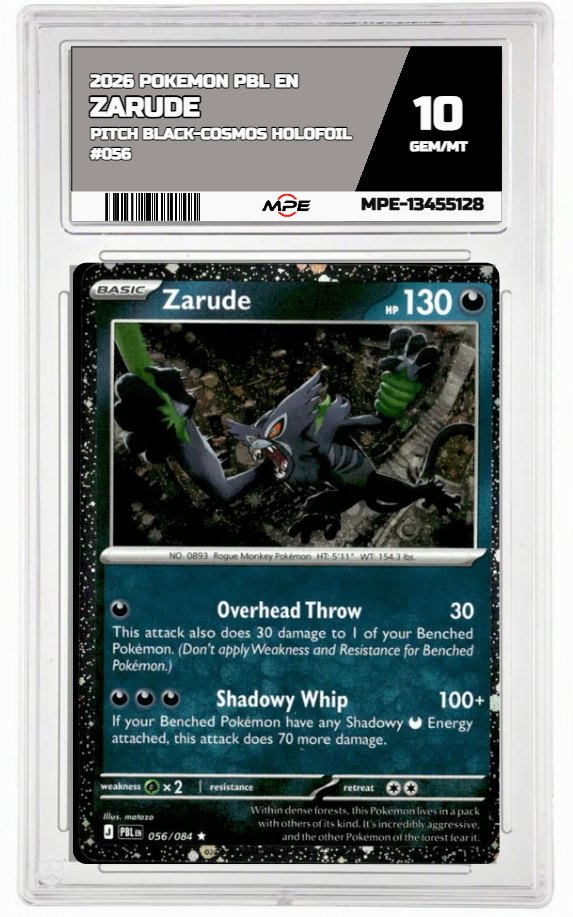 2026 POKEMON PBL EN Pitch Black-COSMOS HOLOFOIL #056 ZARUDE MPE 10 GEM/MT — graded card auctioned from the MPE vault