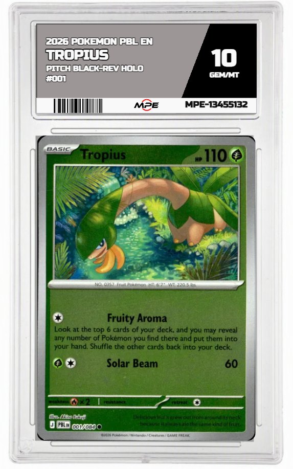 2026 POKEMON PBL EN Pitch Black-REV HOLO #001 TROPIUS MPE 10 GEM/MT — graded card auctioned from the MPE vault