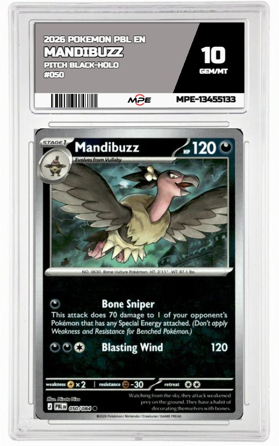 2026 POKEMON PBL EN Pitch Black-HOLO #050 MANDIBUZZ MPE 10 GEM/MT — graded card auctioned from the MPE vault