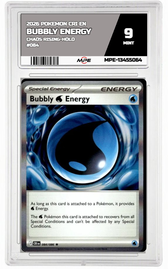 2026 POKEMON CRI EN Chaos Rising-HOLO #084 BUBBLY ENERGY MPE 9 MINT — graded card auctioned from the MPE vault