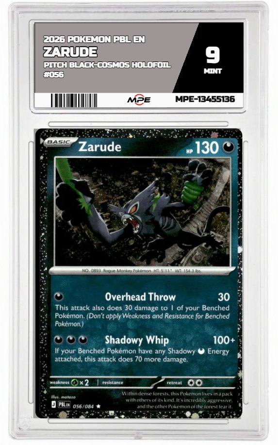2026 POKEMON PBL EN Pitch Black-COSMOS HOLOFOIL #056 Zarude MPE 9 MINT — graded card auctioned from the MPE vault
