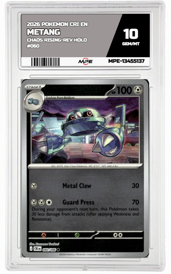 2026 POKEMON CRI EN Chaos Rising-REV HOLO #060 METANG MPE 10 GEM/MT — graded card auctioned from the MPE vault
