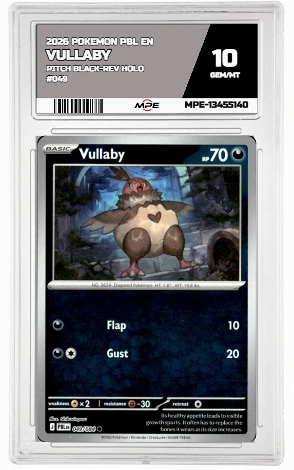 2026 POKEMON PBL EN Pitch Black-REV HOLO #049 VULLABY MPE 10 GEM/MT — graded card auctioned from the MPE vault