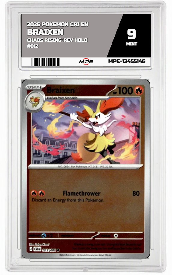 2026 POKEMON CRI EN Chaos Rising-REV HOLO #012 BRAIXEN MPE 9 MINT — graded card auctioned from the MPE vault