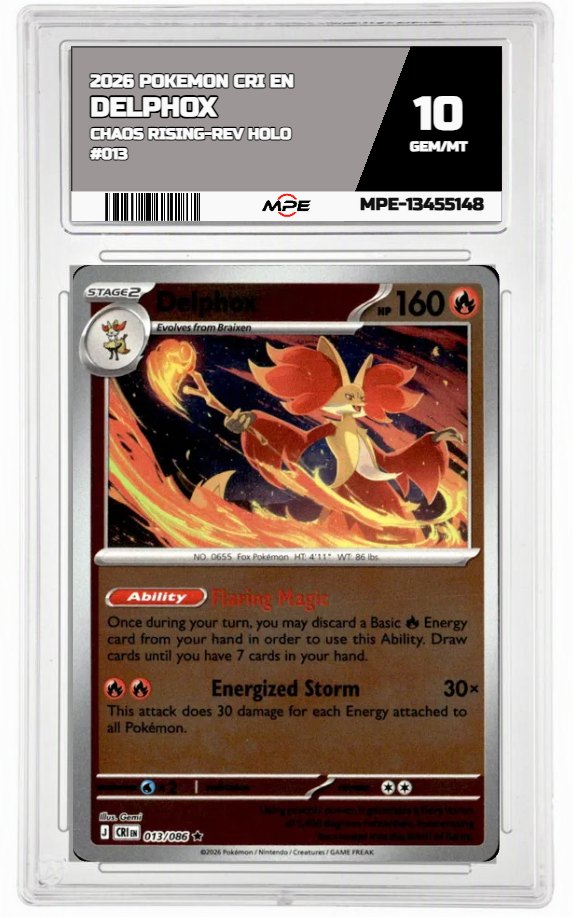 2026 POKEMON CRI EN Chaos Rising-REV HOLO #013 DELPHOX MPE 10 GEM/MT — graded card auctioned from the MPE vault