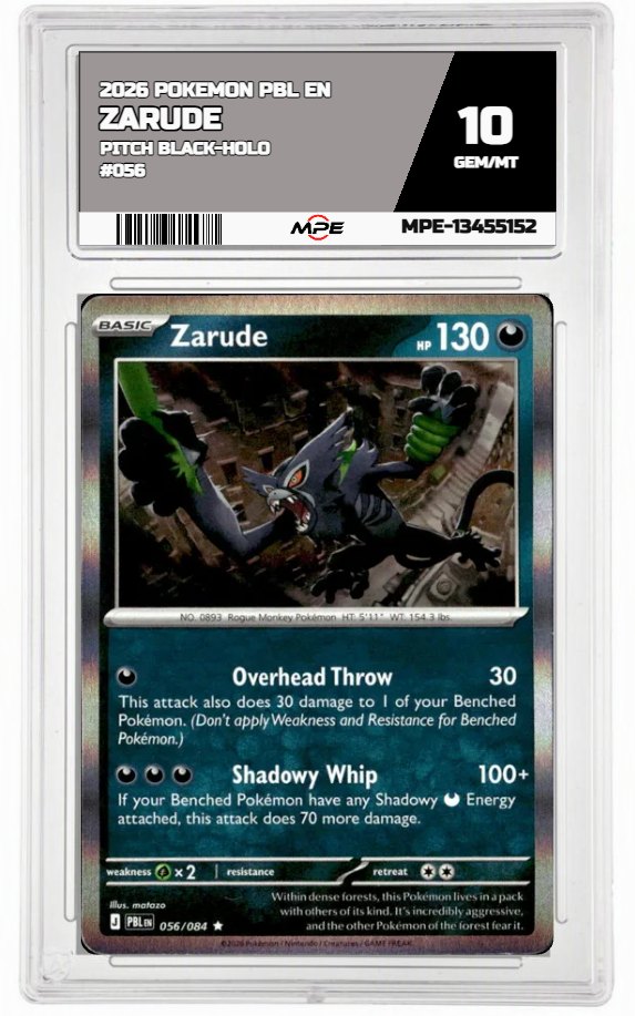 2026 POKEMON PBL EN Pitch Black-HOLO #056 Zarude MPE 10 GEM/MT — graded card auctioned from the MPE vault