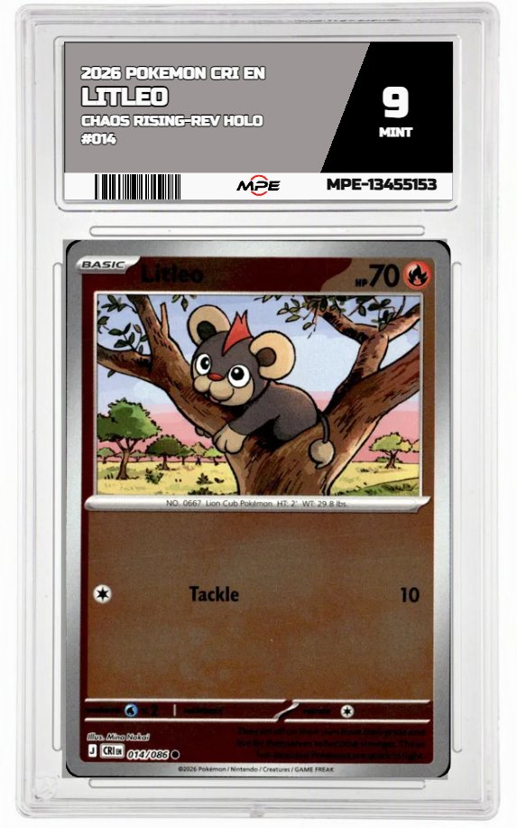 2026 POKEMON CRI EN Chaos Rising-REV HOLO #014 LITLEO MPE 9 MINT — graded card auctioned from the MPE vault