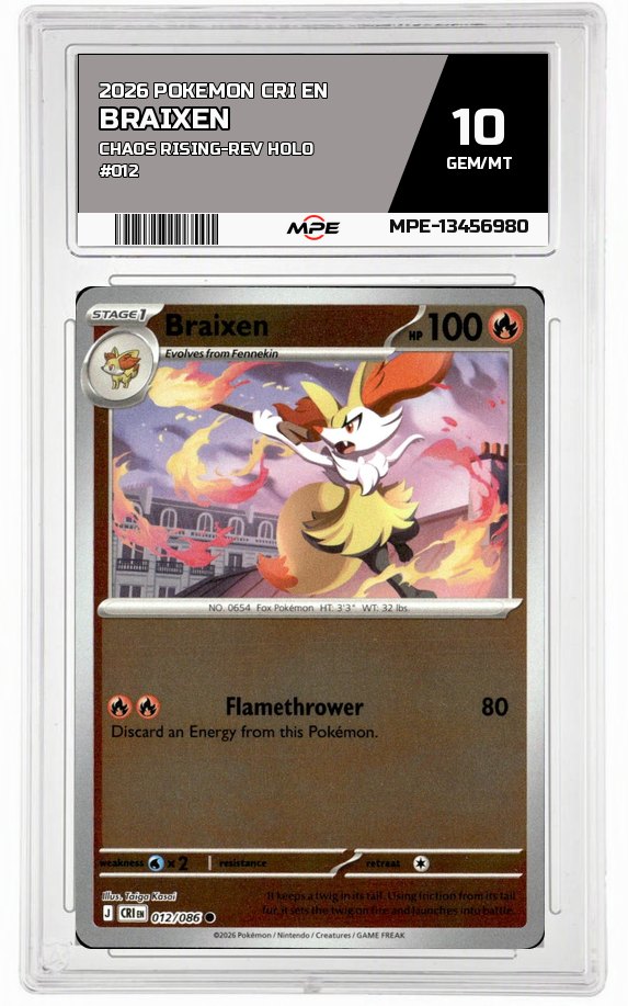 2026 POKEMON CRI EN Chaos Rising-REV HOLO #012 BRAIXEN MPE 10 GEM/MT — graded card auctioned from the MPE vault