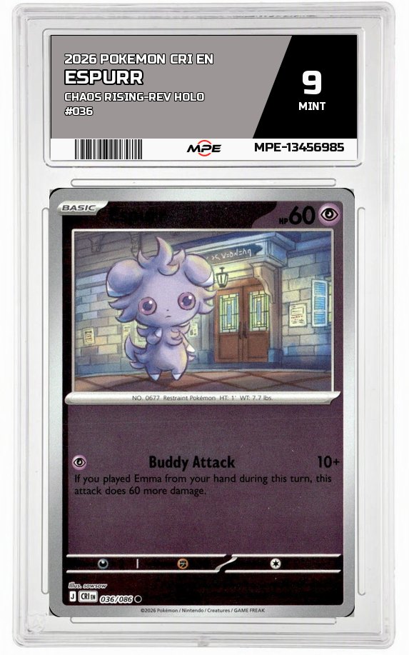 2026 POKEMON CRI EN Chaos Rising-REV HOLO #036 ESPURR MPE 9 MINT — graded card auctioned from the MPE vault