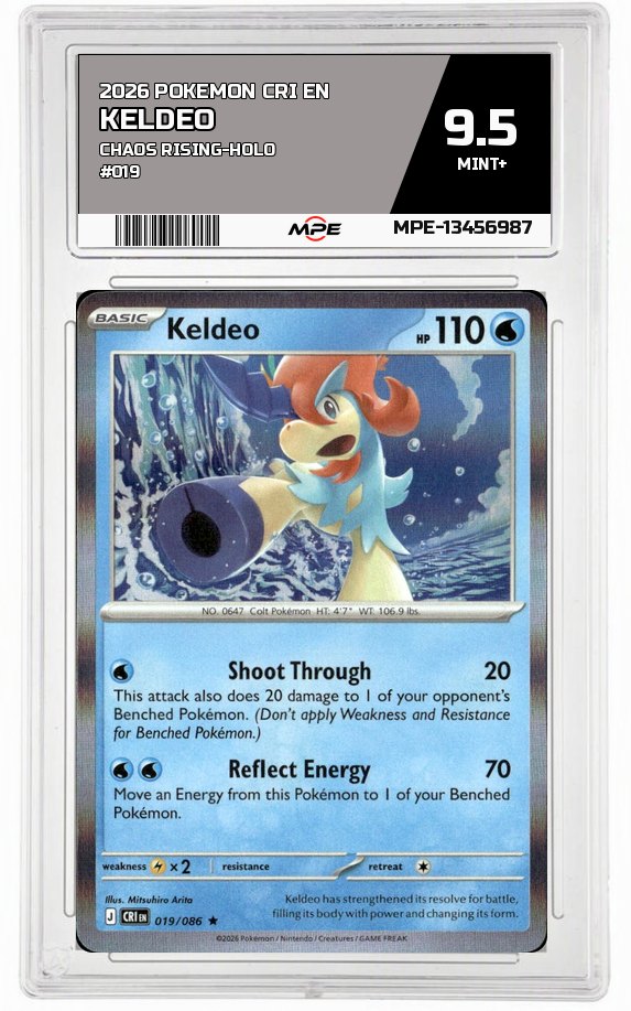 2026 POKEMON CRI EN Chaos Rising-HOLO #019 KELDEO MPE 9.5 MINT+ — graded card auctioned from the MPE vault