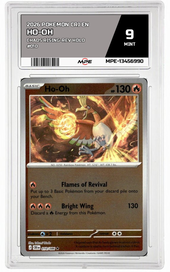 2026 POKEMON CRI EN Chaos Rising-REV HOLO #010 HO-OH MPE 9 MINT — graded card auctioned from the MPE vault