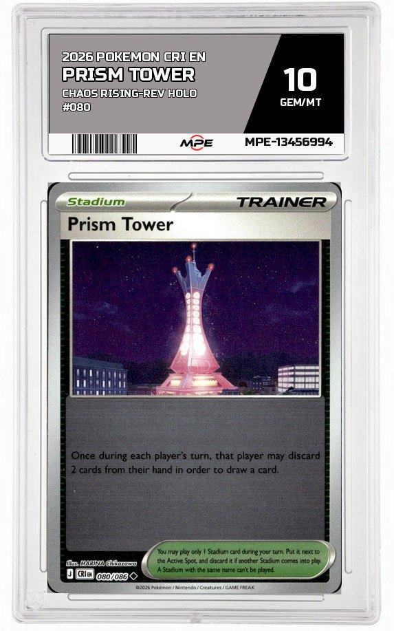 2026 POKEMON CRI EN Chaos Rising-REV HOLO #080 PRISM TOWER MPE 10 GEM/MT — graded card auctioned from the MPE vault