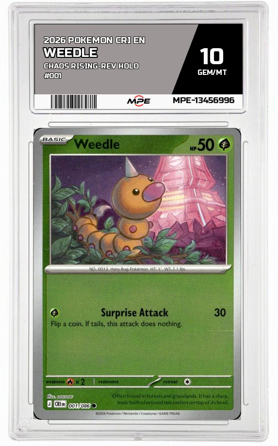 2026 POKEMON CRI EN Chaos Rising-REV HOLO #001 WEEDLE MPE 10 GEM/MT — graded card auctioned from the MPE vault