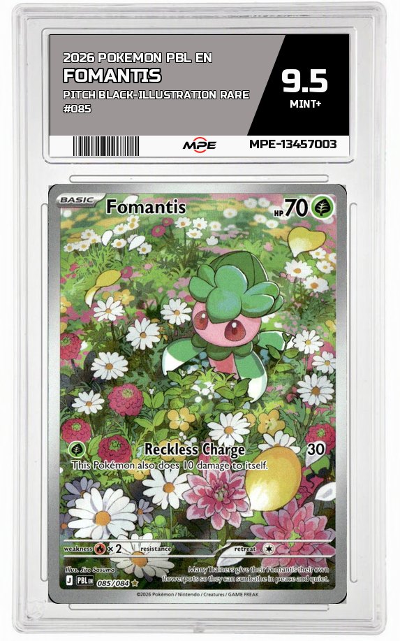 2026 POKEMON PBL EN Pitch Black-Illustration Rare #085 FOMANTIS MPE 9.5 MINT+ — graded card auctioned from the MPE vault