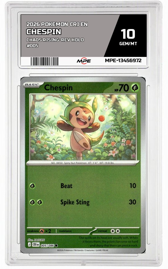 2026 POKEMON CRI EN Chaos Rising-REV HOLO #005 CHESPIN MPE 10 GEM/MT — graded card auctioned from the MPE vault
