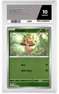 2026 POKEMON CRI EN Chaos Rising-REV HOLO #005 CHESPIN MPE 10 GEM/MT — graded card up for auction