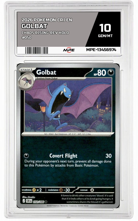 2026 POKEMON CRI EN Chaos Rising-REV HOLO #050 GOLBAT MPE 10 GEM/MT — graded card auctioned from the MPE vault
