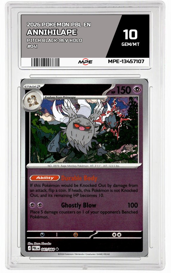 2026 POKEMON PBL EN Pitch Black-REV HOLO #041 Annihilape MPE 10 GEM/MT — graded card auctioned from the MPE vault