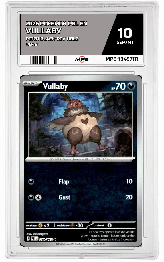 2026 POKEMON PBL EN Pitch Black-REV HOLO #049 VULLABY MPE 10 GEM/MT — graded card auctioned from the MPE vault